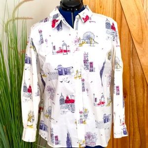 Talbots NWT button down cotton blouse with London landmark theme